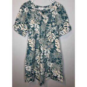 KY’s Made In Hawaii Leaf Print Shirt Dress Small Short Sleeve Blue Hawaiian